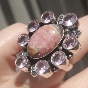 New Oversized Rhodochrosite & Kunzite 925 Silver Statement Ring.